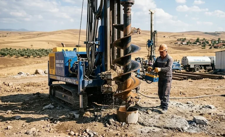 Arazi üzerinde dikey olarak çalışan, helezon yapılı, sarı ve mavi renkli büyük su sondaj burgusu nedir sorusunun cevabı bu yazıda.